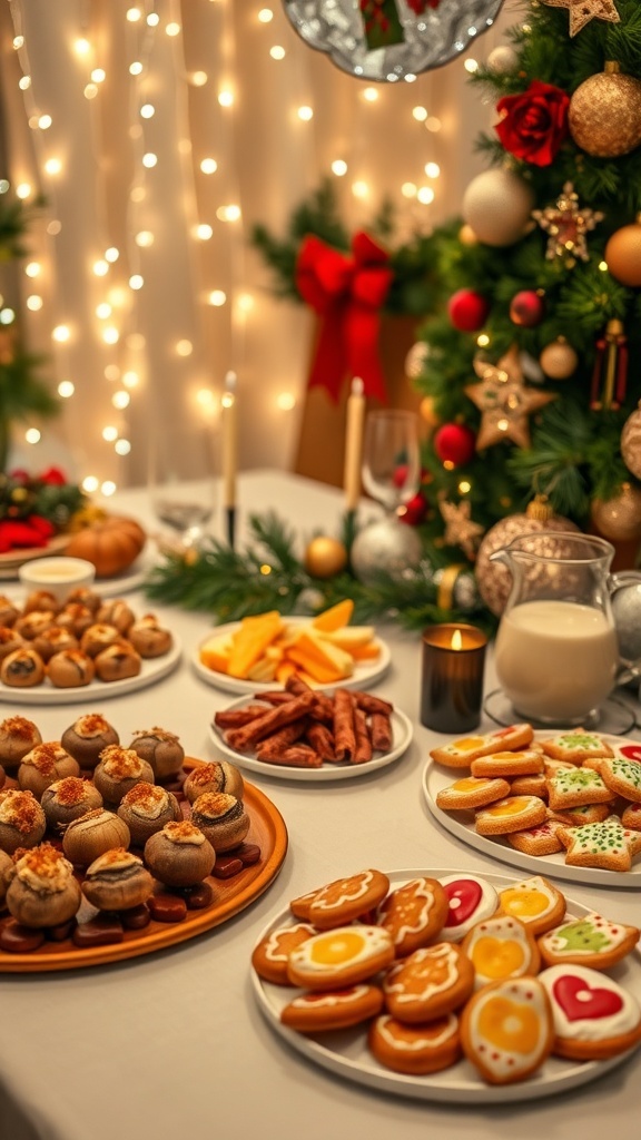 Festive Christmas Party Foods A festive Christmas party table with stuffed mushrooms, mini meatballs, cheese platter, sugar cookies, and eggnog.